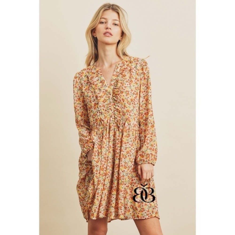 DRESS FORUM Yellow & Orange Ditzy Floral V Neck Mini Dress